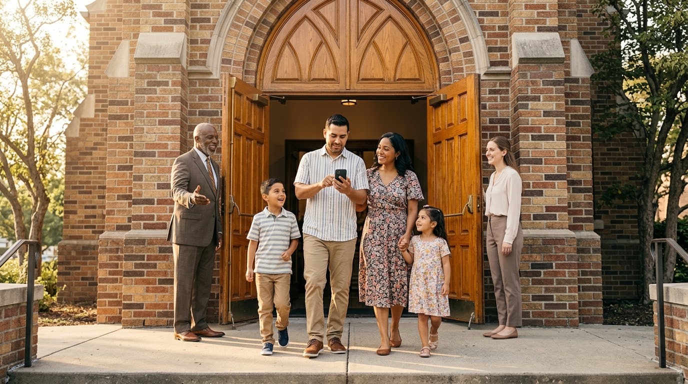 Family arriving at a welcoming church on Sunday morning