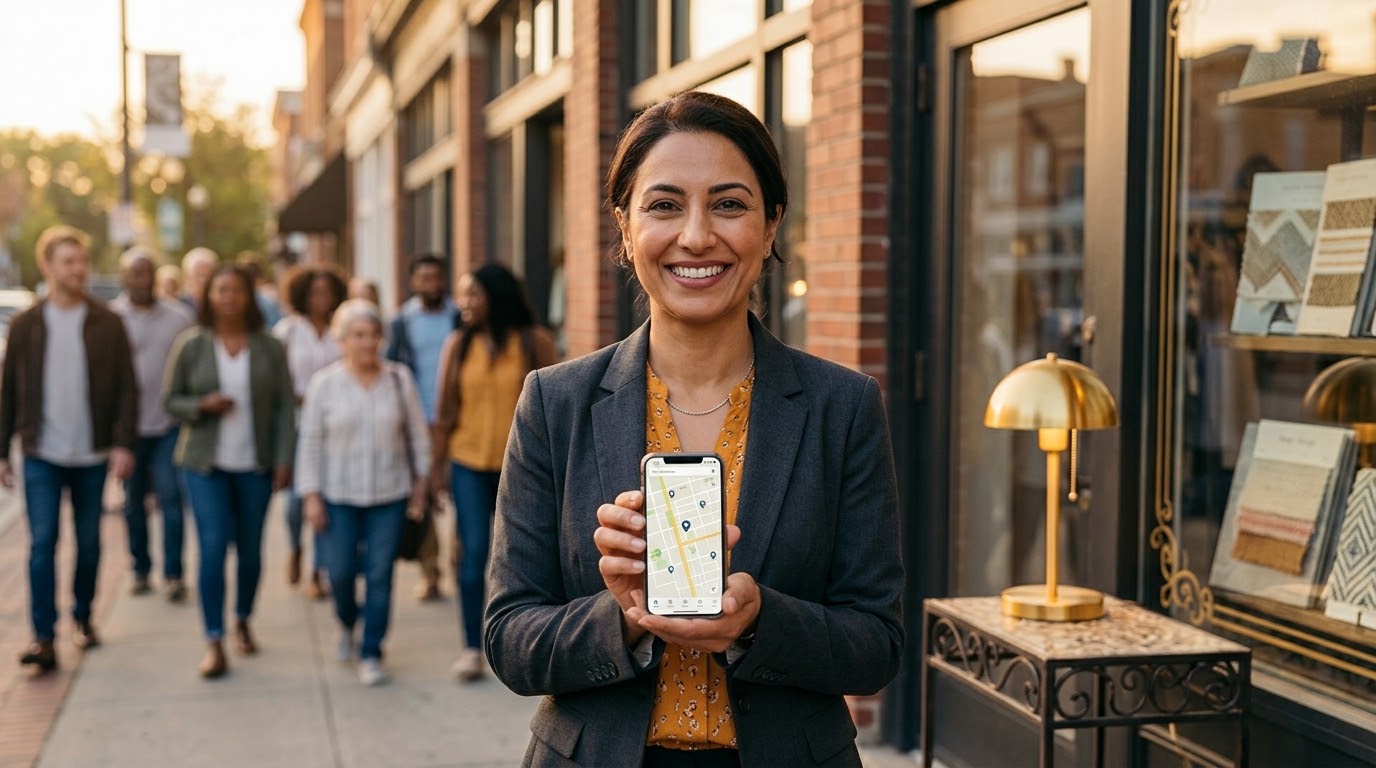 Storefront owner holding a phone showing a local map listing