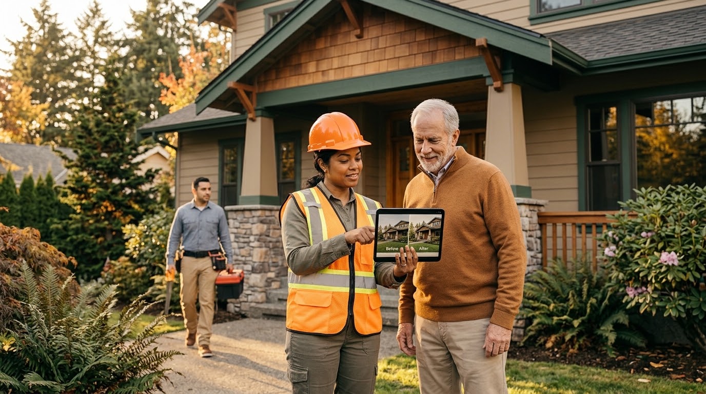 Contractor showing a homeowner project photos on a tablet outside a remodeled home