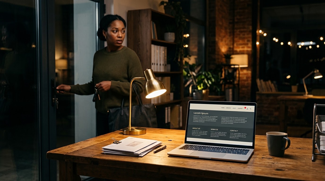 Business owner locking up for the night while a laptop shows a website warning
