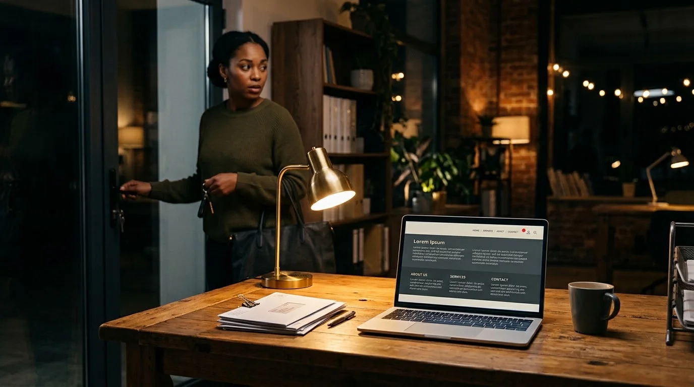 Business owner locking up for the night while a laptop shows a website warning