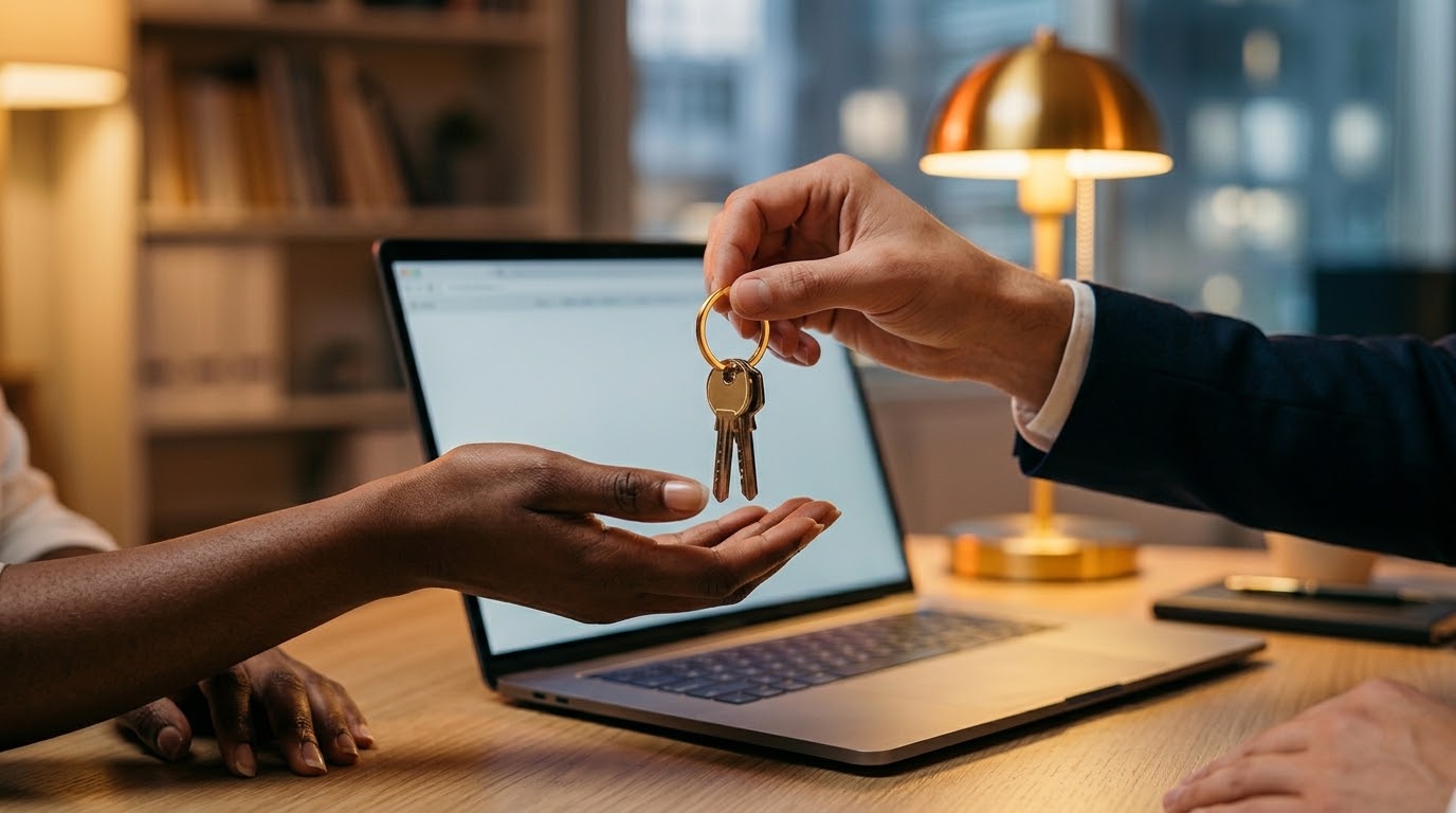 Business owner receiving the keys to their website across a desk