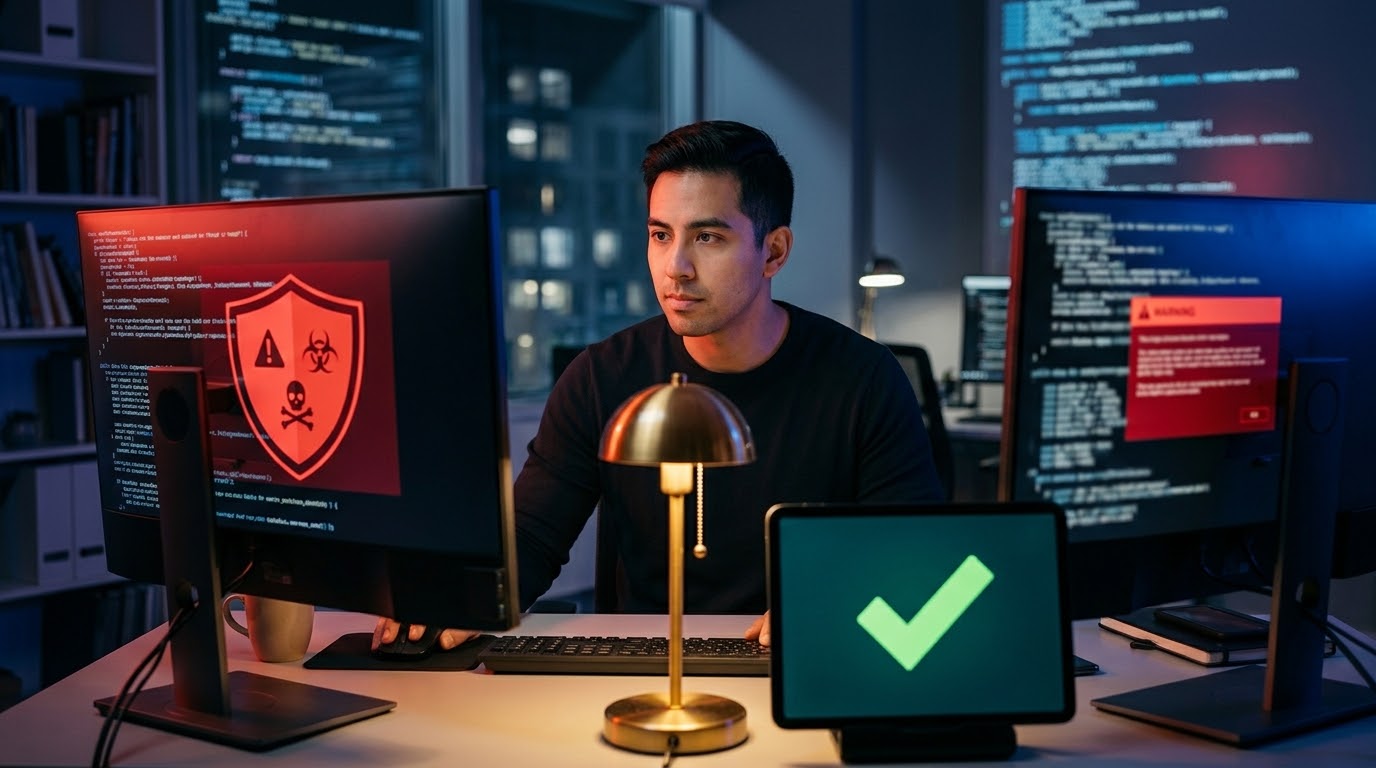 Web technician fixing a hacked WordPress site at night