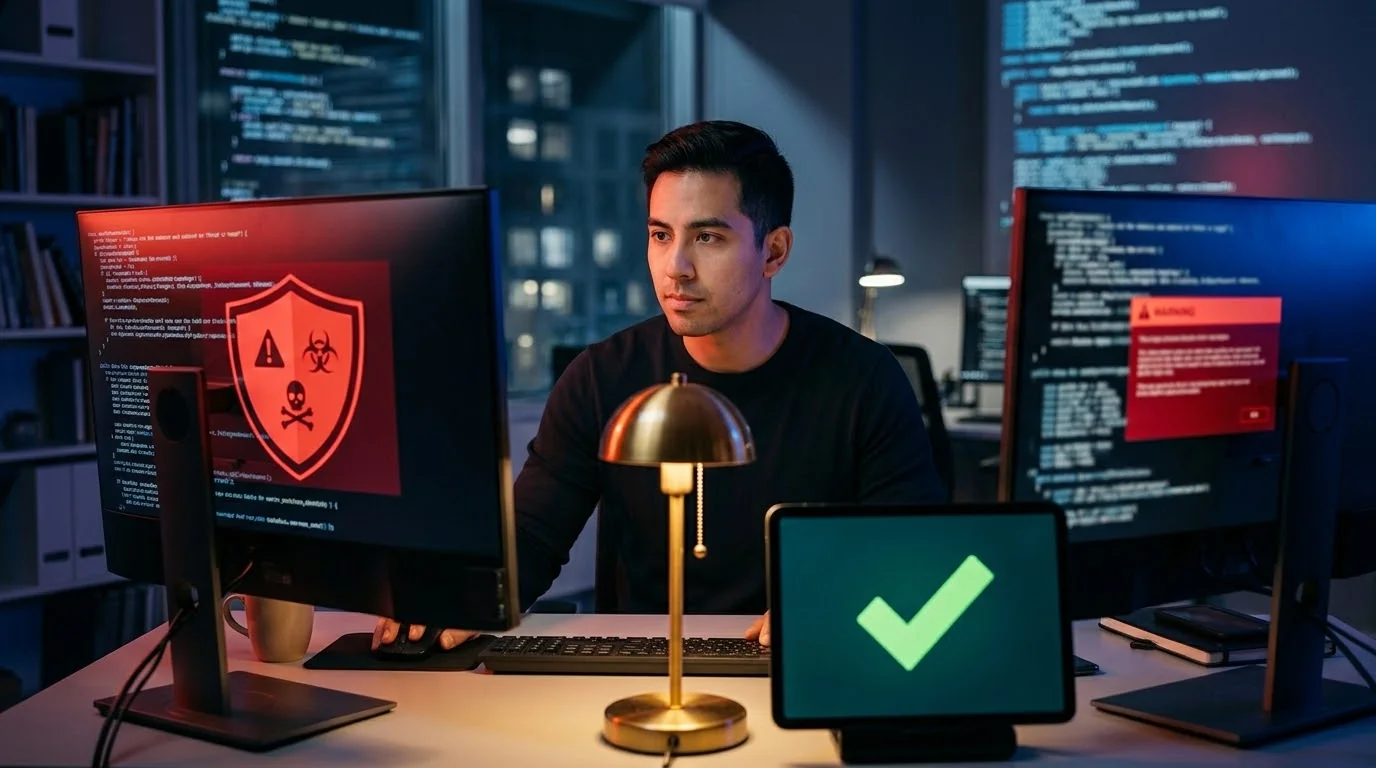 Web technician fixing a hacked WordPress site at night