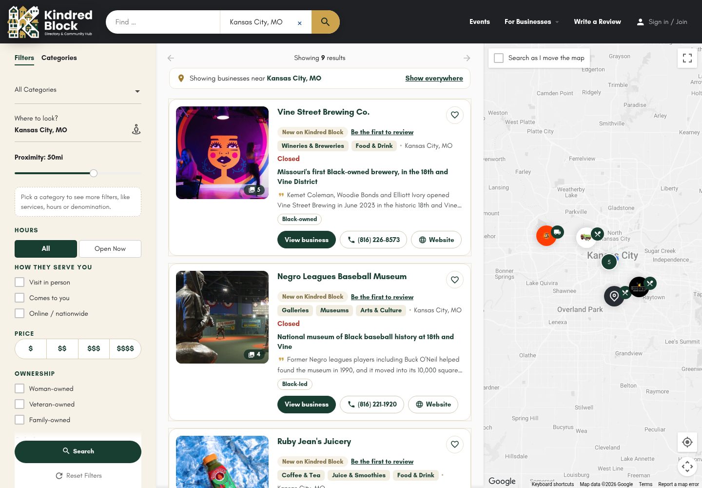 Kindred Block map search with listings