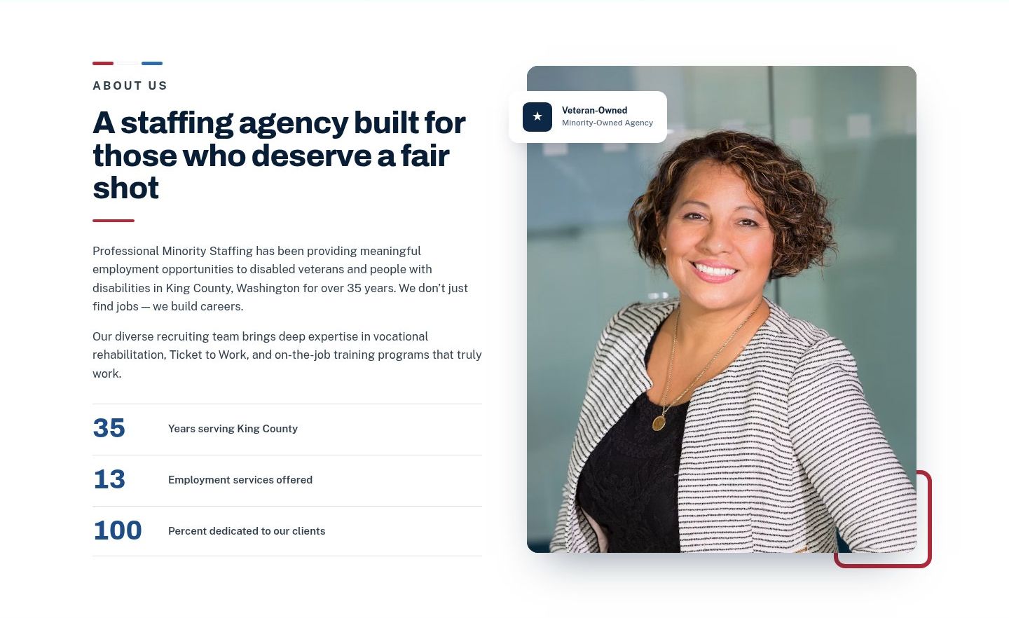About section of the Professional Minority Staffing site